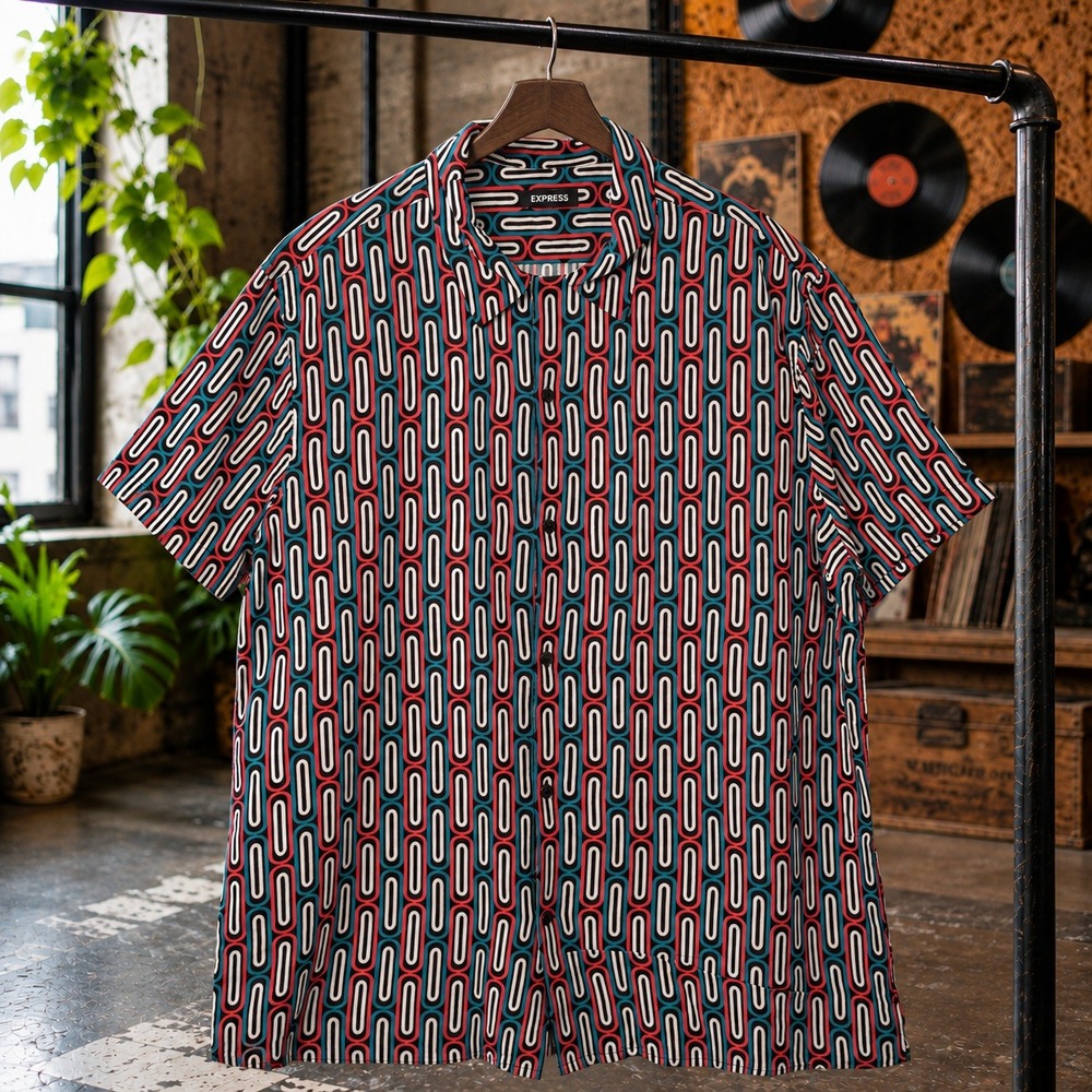 Express Mens Short Sleeve Button Down Shirt Geometric Chain Link Print Retro